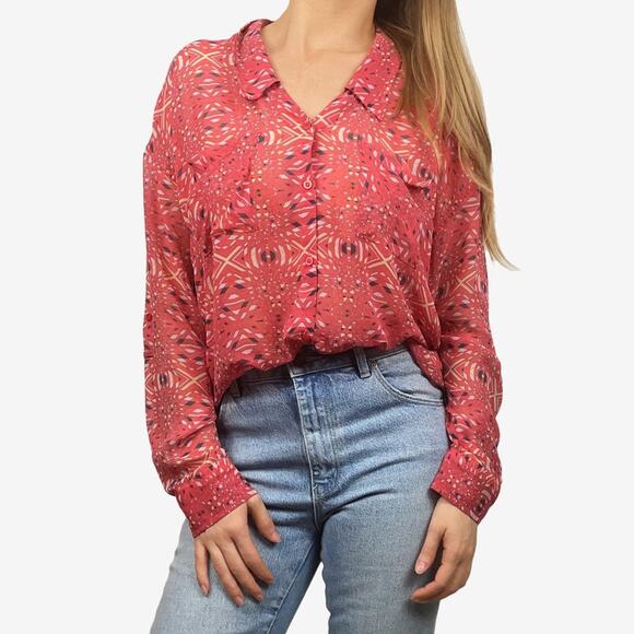 Free People Easy Rider Blouse Size M Red Boho Artsy Eclectic Beachy Flowy Summer - Picture 1 of 14
